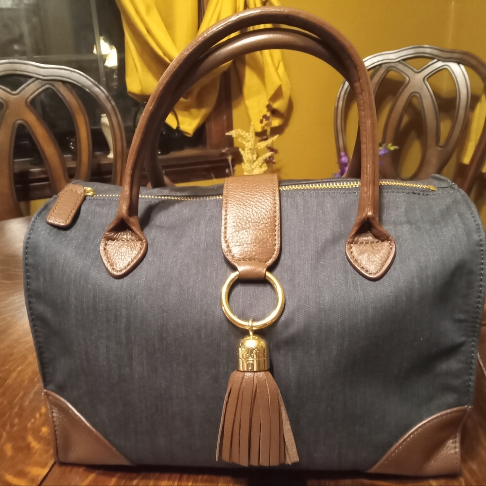 Talbot's Denim Brown Leather Satchel Crossbody Bag NWT